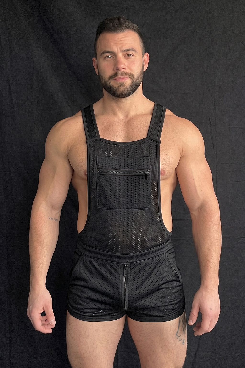 Mysteryglove Men's Black Mesh Open Side Harness Romper with Adjustable Straps and Zip Pockets