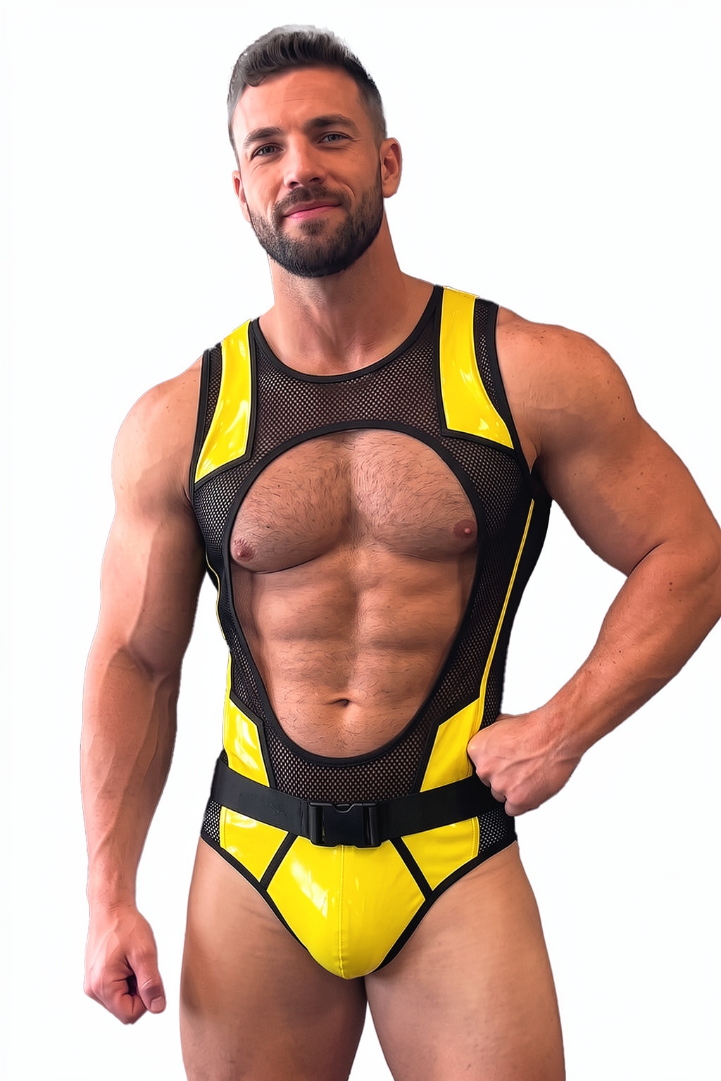 Mysteryglove Mesh & Gloss PU Leather Singlet, Yellow Panel Design with Open Back