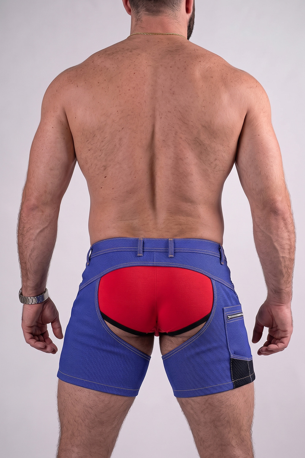 Mysteryglove Blue Denim Shorts Set with Red Jockstrap — Cutout Front Design + Rear Open Detail for Club & Fetish Wear