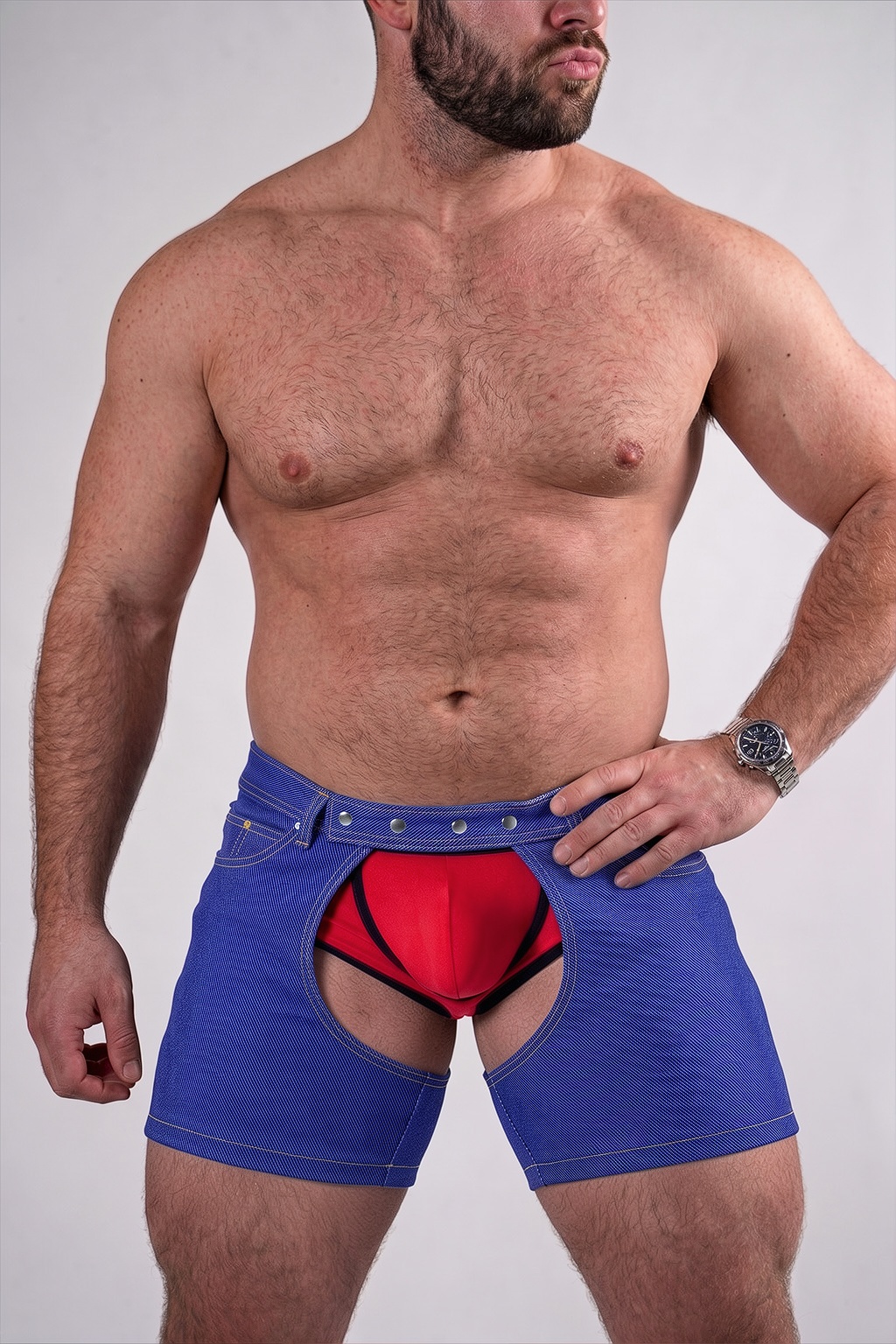 Mysteryglove Blue Denim Shorts Set with Red Jockstrap — Cutout Front Design + Rear Open Detail for Club & Fetish Wear