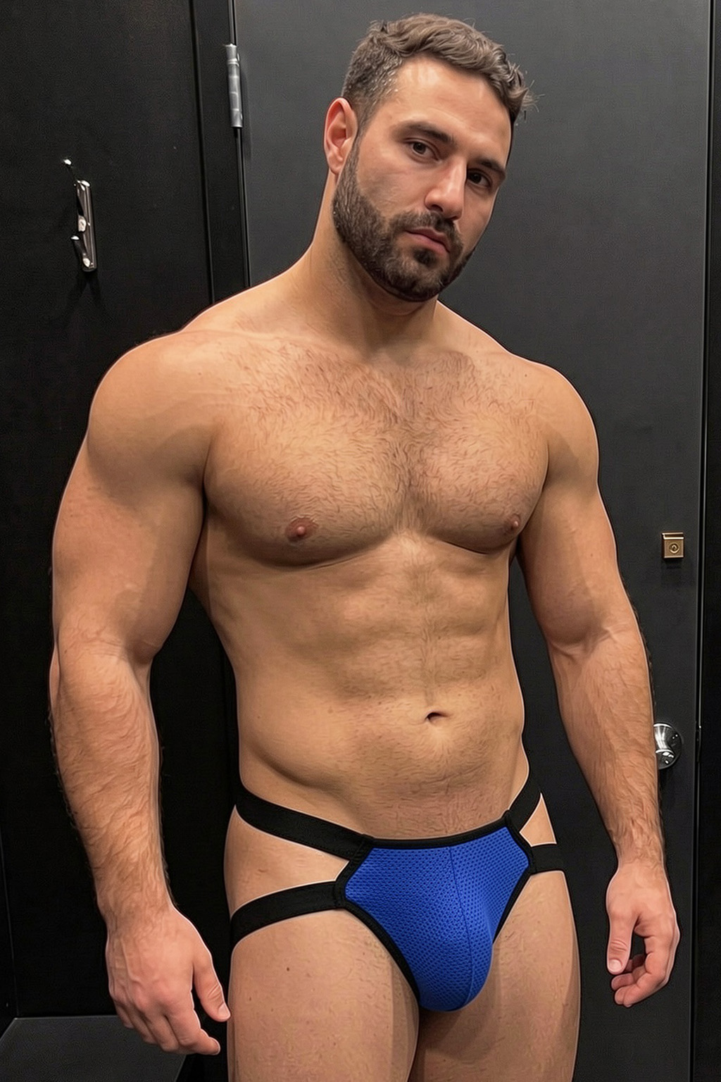 Mysteryglove Black & Blue Mesh Jockstrap Harness — Open Back Strap Structure + Contrast Pouch Design for Club & Fetish Wear