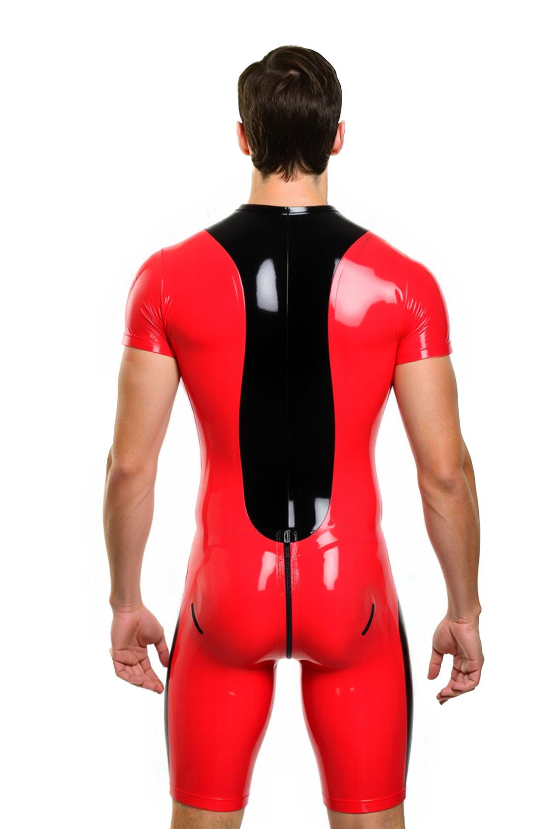 Mysteryglove Men’s PU Leather Short Sleeve Catsuit – Two-Tone Bodycon Suit with Front Zipper