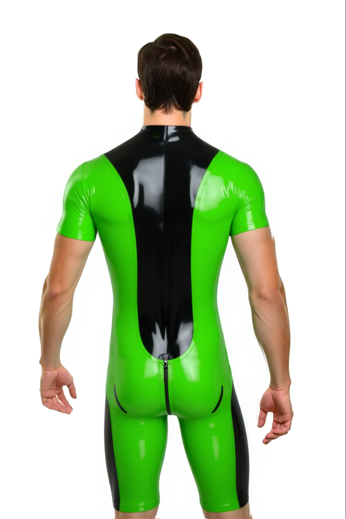 Mysteryglove Men’s PU Leather Short Sleeve Catsuit – Two-Tone Bodycon Suit with Front Zipper