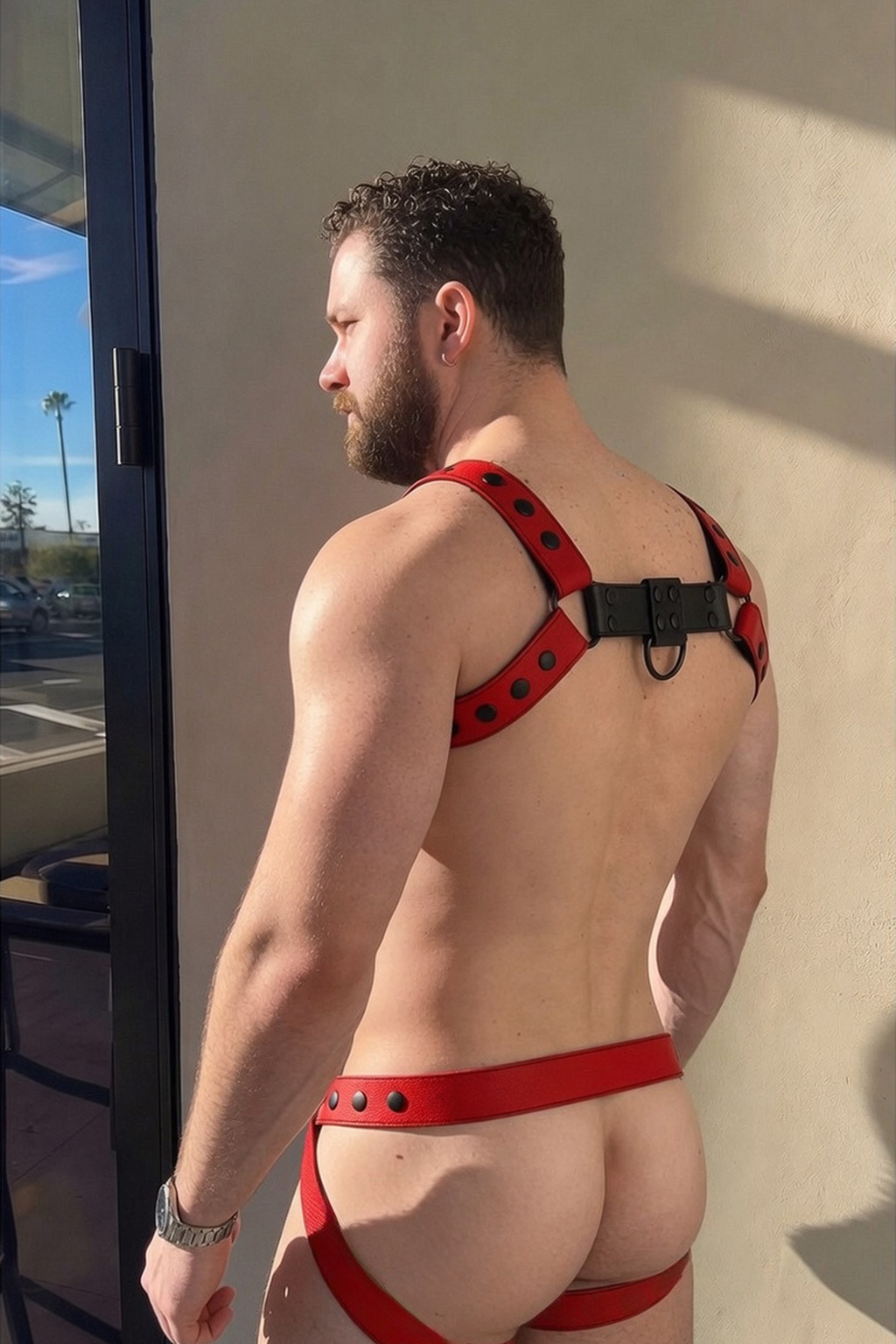 Mysteryglove Red PU Leather Harness Set — Studded Chest Strap Structure + Open Back Jockstrap Design for Club & Fetish Wear