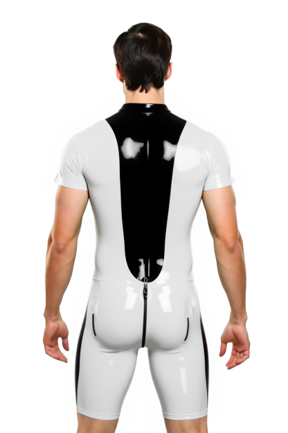 Mysteryglove Men’s PU Leather Short Sleeve Catsuit – Two-Tone Bodycon Suit with Front Zipper