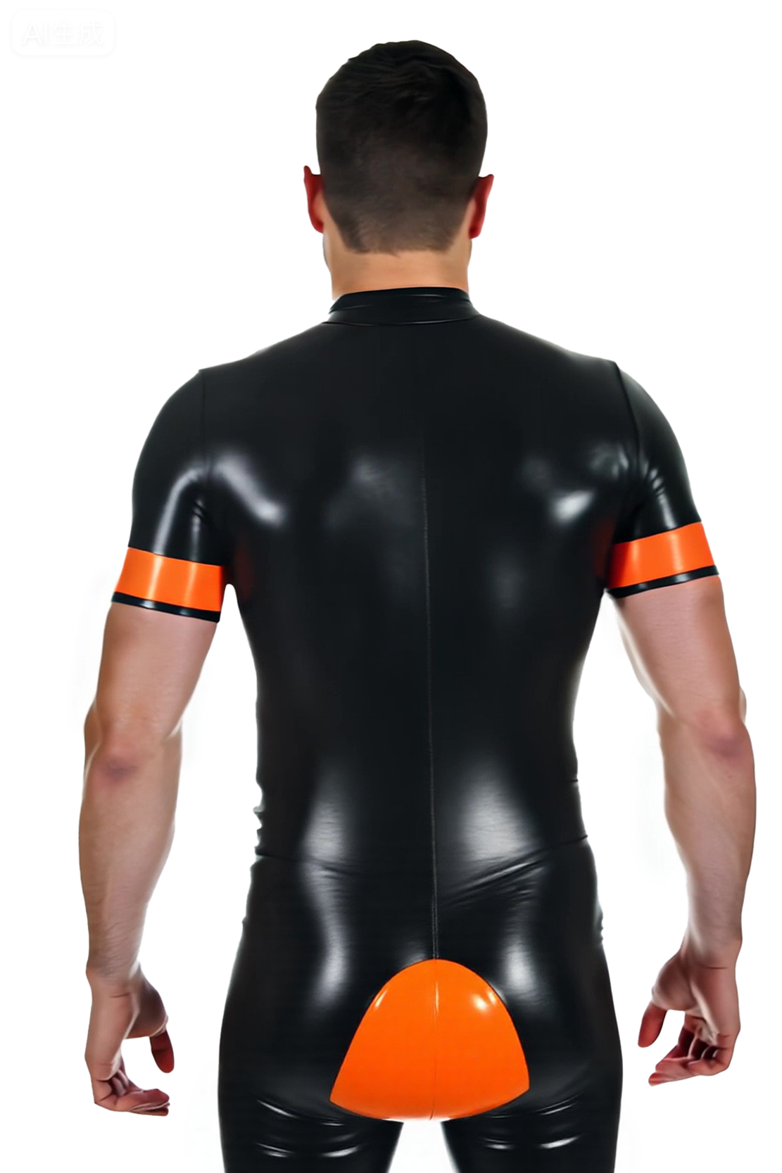 Mysteryglove Men’s Black & Orange PU Leather Bodysuit Shorts with Paw Prin