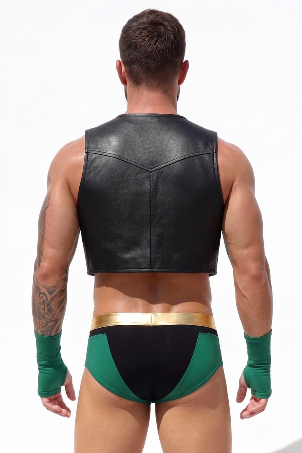 Mysteryglove Black PU Leather Vest & Jock Shorts Set, Cropped Leather Vest Top + Contrast Green Brief Bottom + Arm Sleeves