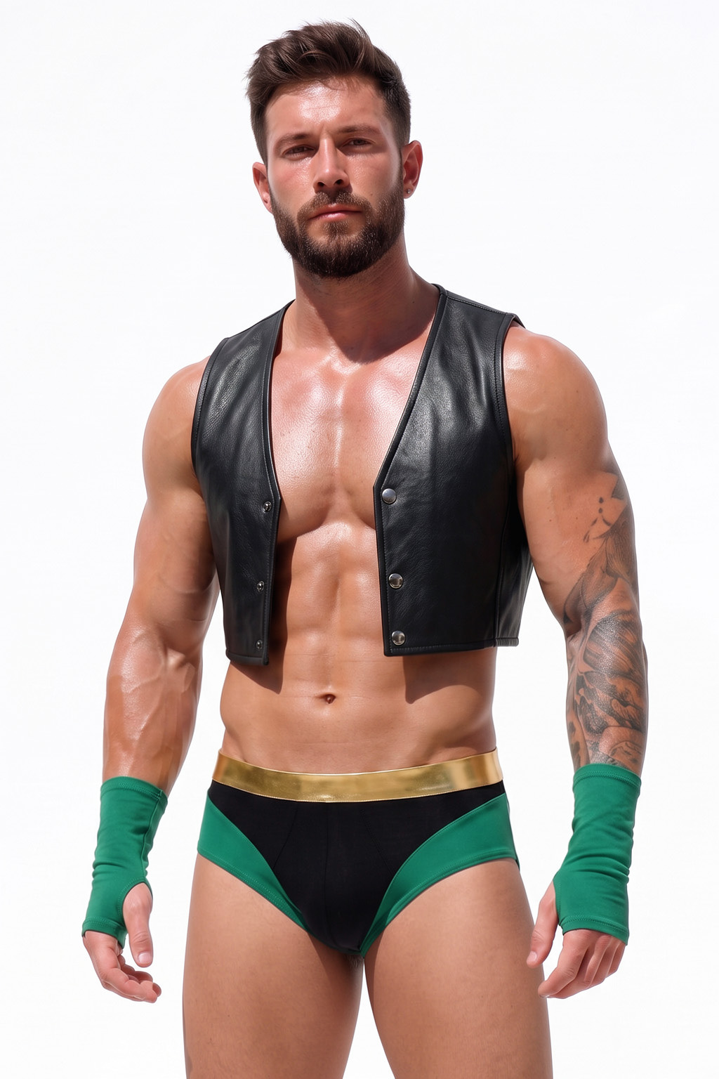 Mysteryglove Black PU Leather Vest & Jock Shorts Set, Cropped Leather Vest Top + Contrast Green Brief Bottom + Arm Sleeves