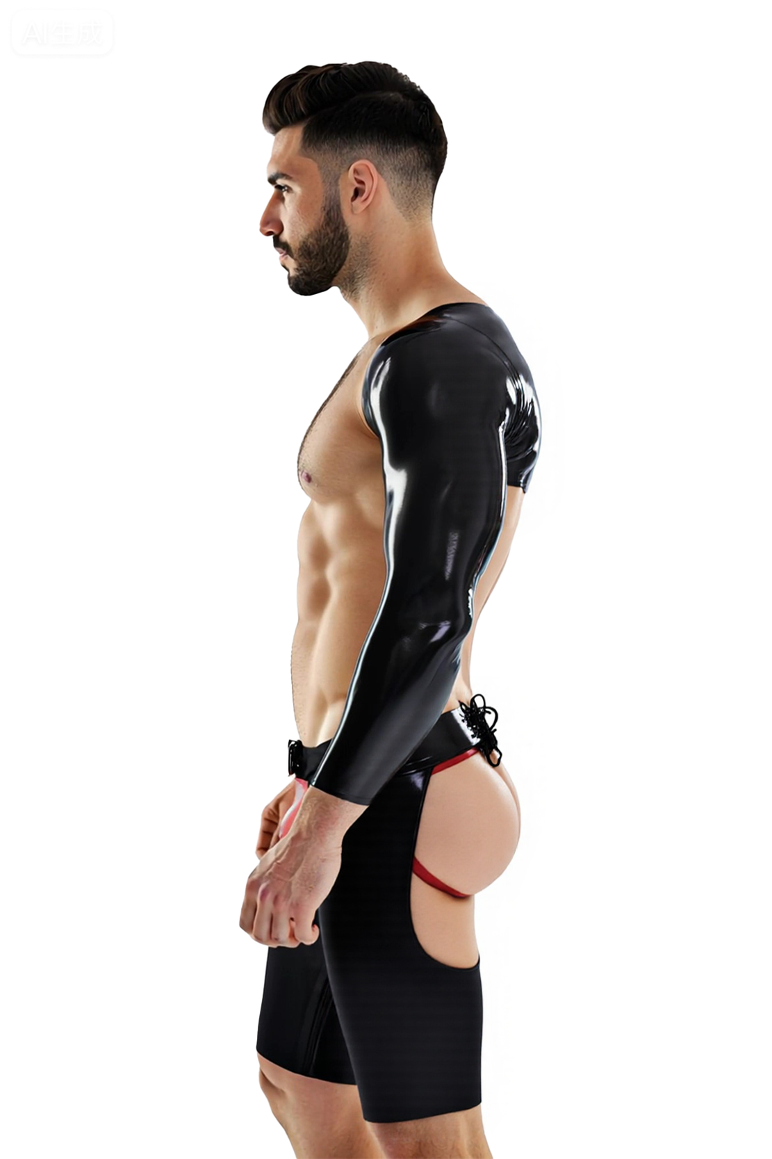 Mysteryglove Men’s Black PU Leather Crop Top with Open Crotch and Butt Cutout Shorts 