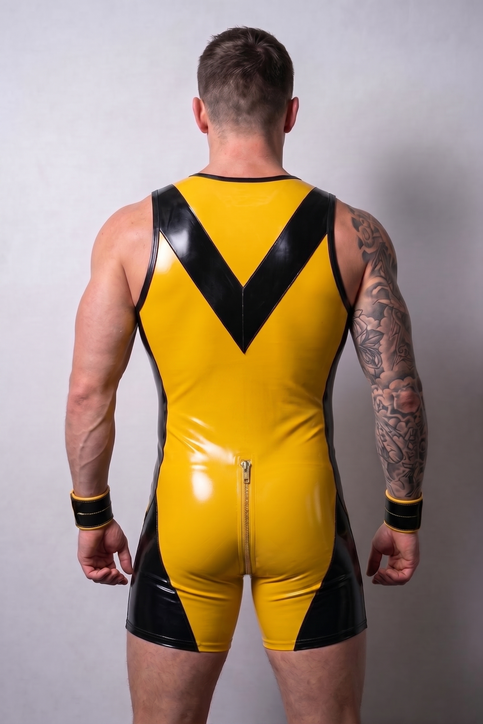 Mysteryglove Yellow & Black Gloss PU Leather Singlet Bodysuit, Full Front Zipper + Rear Crotch Zipper