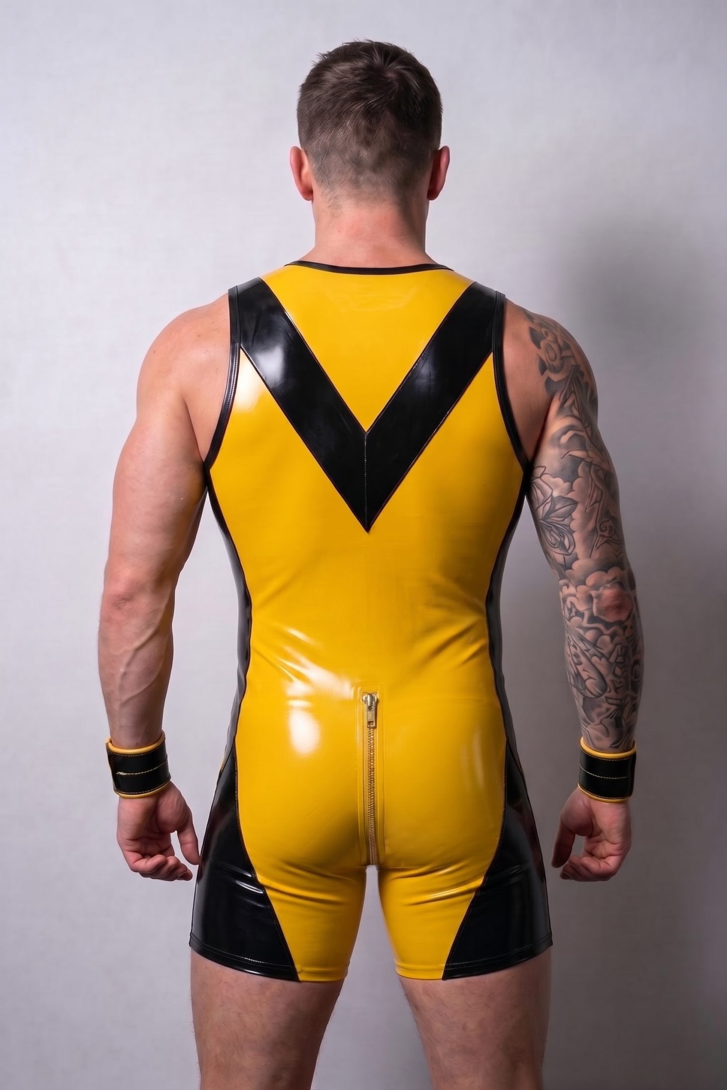 Mysteryglove Yellow & Black Gloss PU Leather Singlet Bodysuit, Full Front Zipper + Rear Crotch Zipper