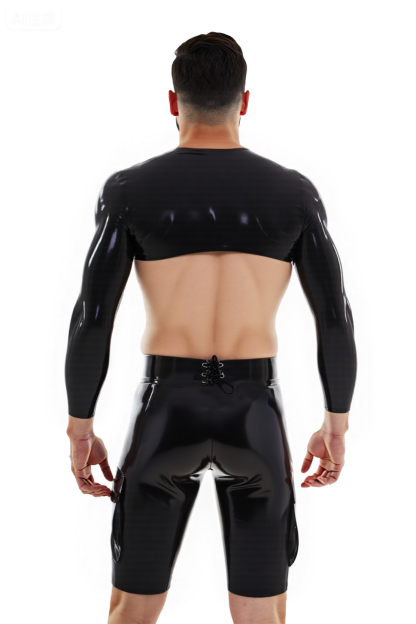 Mysteryglove Men’s Black PU Leather Crop Top with Open Crotch and Butt Cutout Shorts 