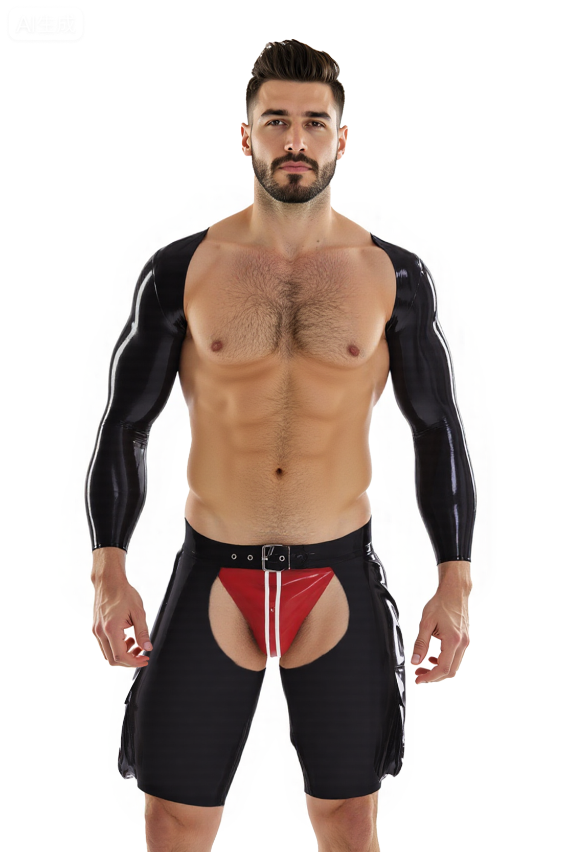 Mysteryglove Men’s Black PU Leather Crop Top with Open Crotch and Butt Cutout Shorts 