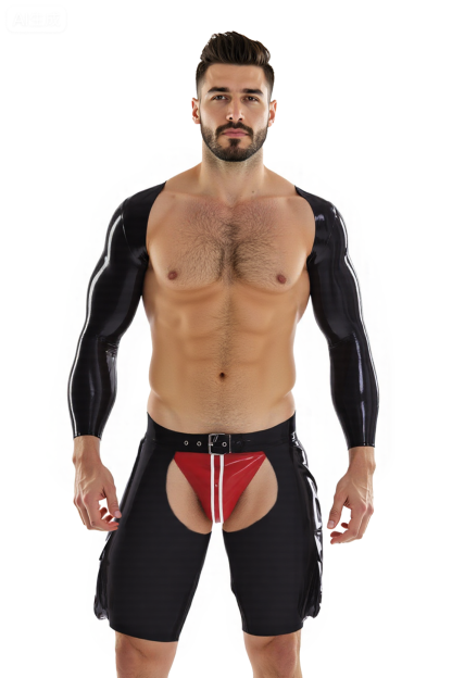 Mysteryglove Men’s Black PU Leather Crop Top with Open Crotch and Butt Cutout Shorts 