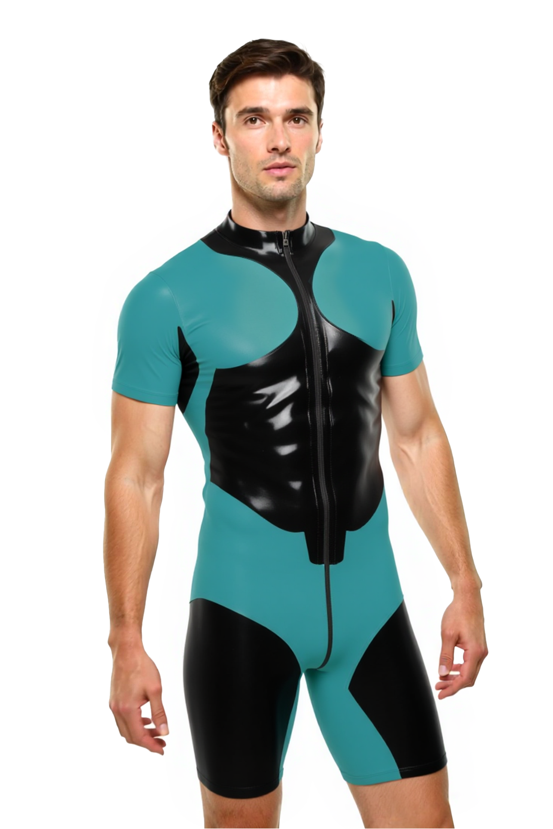 Mysteryglove Men’s PU Leather Short Sleeve Catsuit – Two-Tone Bodycon Suit with Front Zipper
