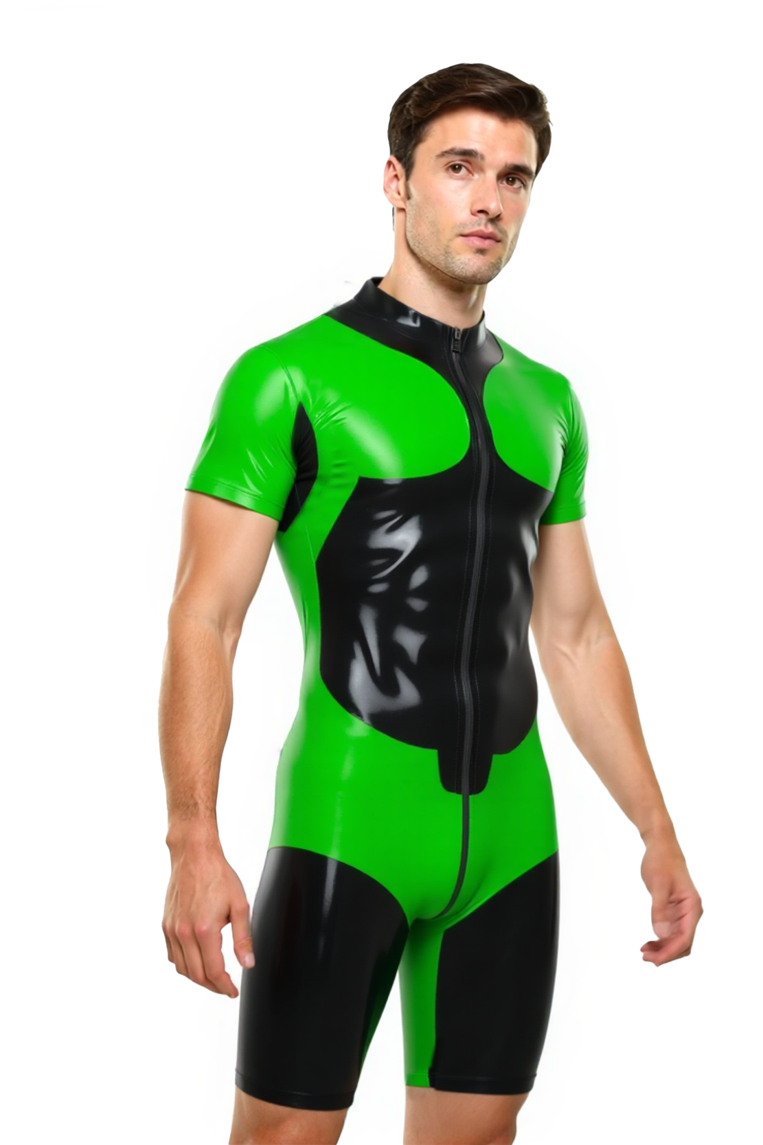 Mysteryglove Men’s PU Leather Short Sleeve Catsuit – Two-Tone Bodycon Suit with Front Zipper