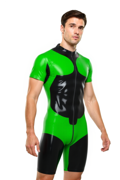 Mysteryglove Men’s PU Leather Short Sleeve Catsuit – Two-Tone Bodycon Suit with Front Zipper