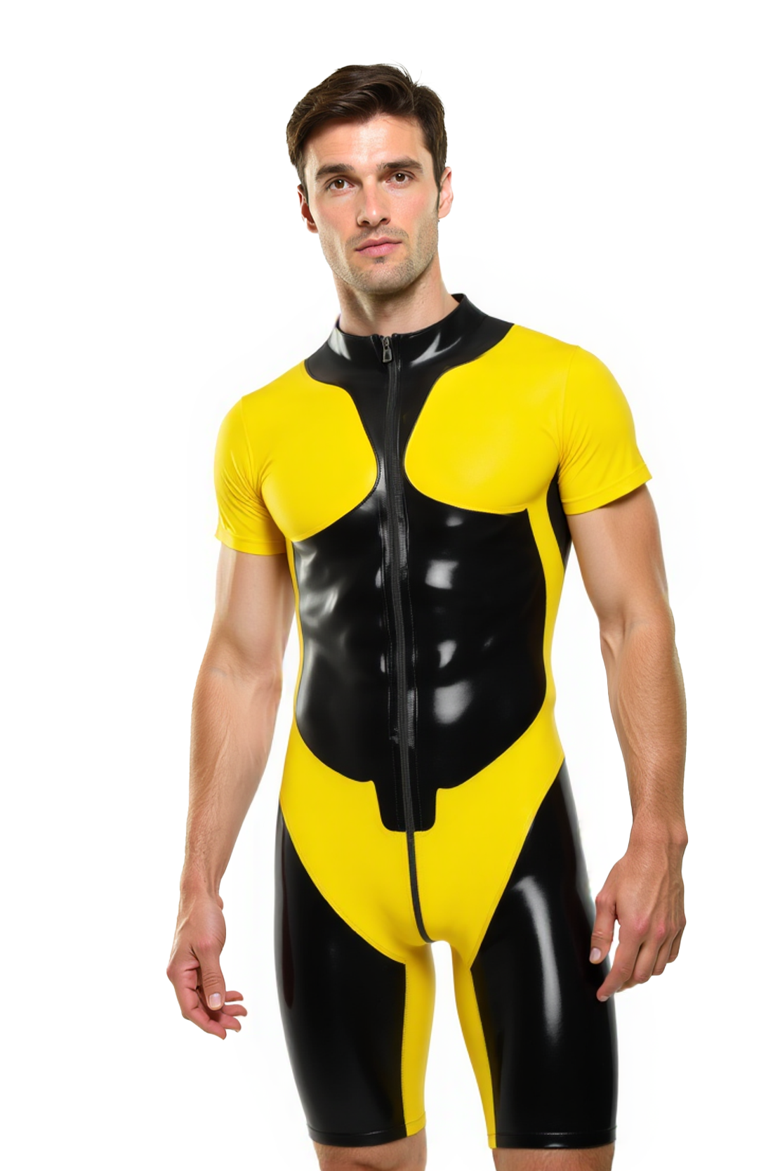 Mysteryglove Men’s PU Leather Short Sleeve Catsuit – Two-Tone Bodycon Suit with Front Zipper
