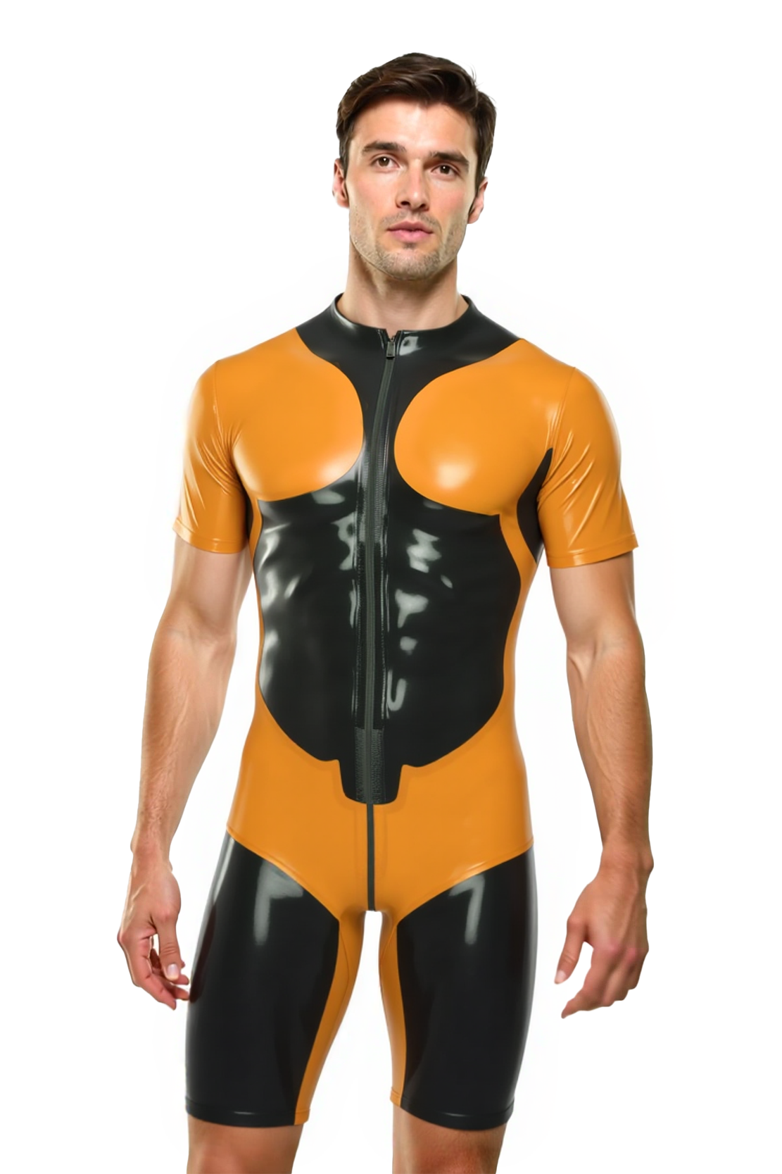 Mysteryglove Men’s PU Leather Short Sleeve Catsuit – Two-Tone Bodycon Suit with Front Zipper