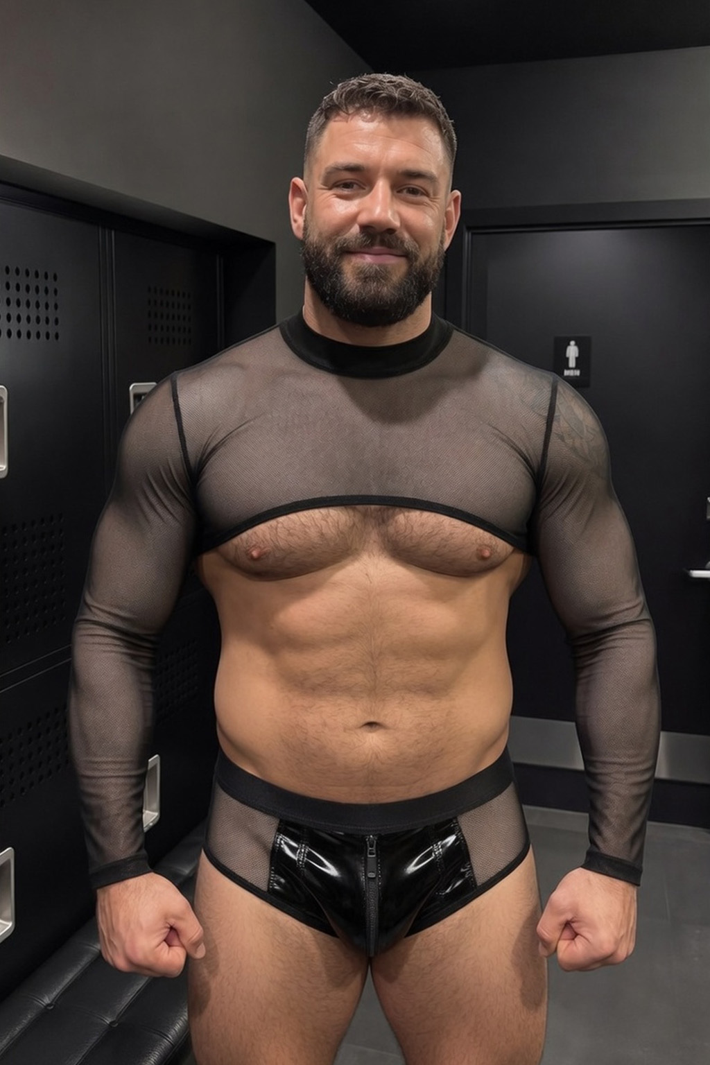 Mysteryglove Black Mesh Long Sleeve Crop Top with PU Leather Jockstrap Set
