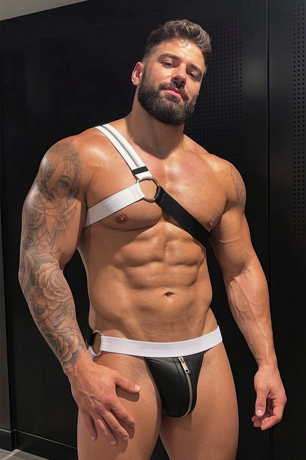 Mysteryglove Black & White Leather Harness Jockstrap
