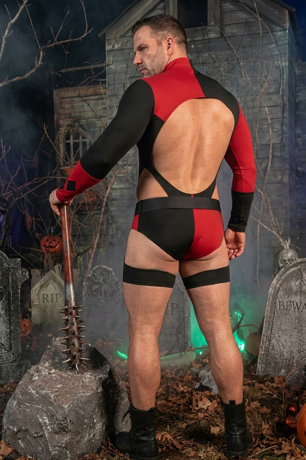 Mysteryglove Halloween Black & Red Bat Costume Bodysuit, Long Sleeve Open Back Design