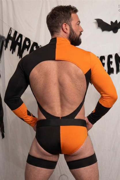 Mysteryglove Halloween Black & Orange Glossy PU Long Sleeve Open Back Bodysuit