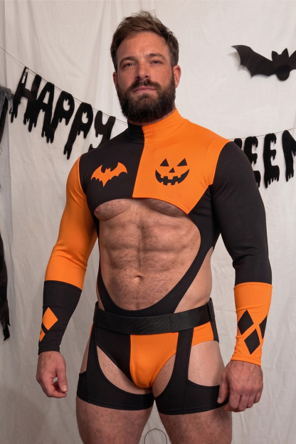 Mysteryglove Halloween Black & Orange Glossy PU Long Sleeve Open Back Bodysuit