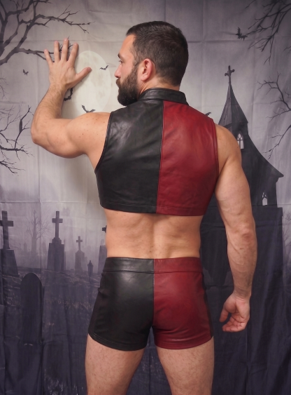 Mysteryglove Halloween Black & Red Leather Crop Vest Set, Front Zipper Design + Lace-Up Shorts