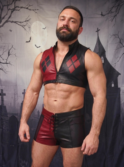 Mysteryglove Halloween Black & Red Leather Crop Vest Set, Front Zipper Design + Lace-Up Shorts