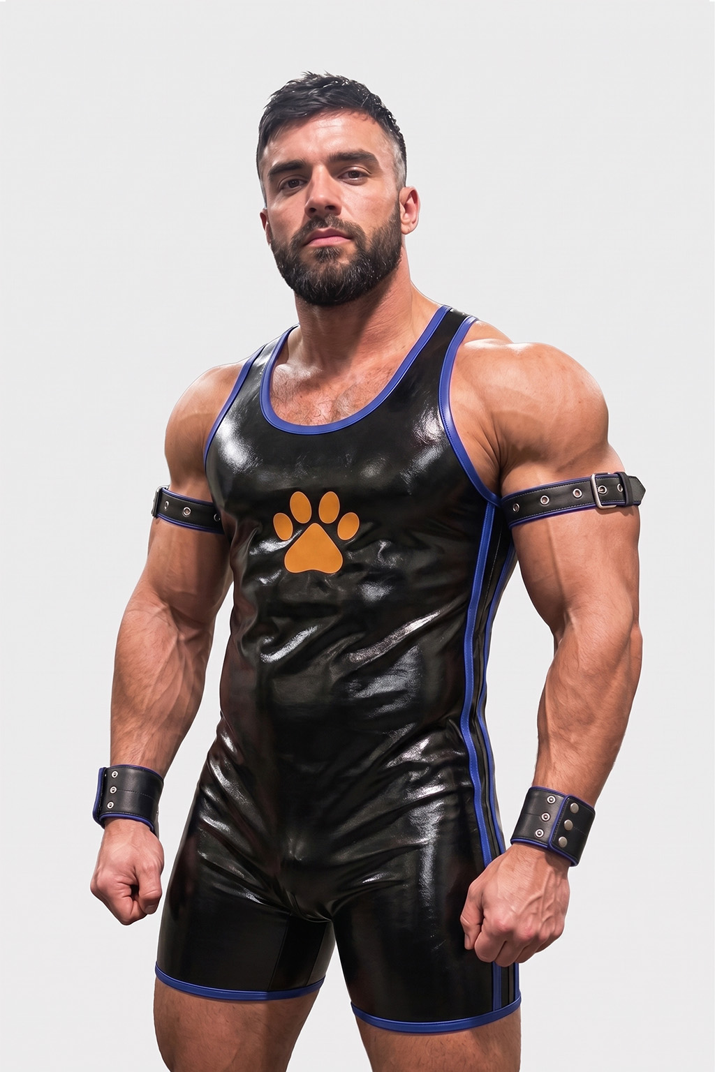 Mysteryglove Black Gloss PU Leather Singlet Bodysuit with Blue Trim, Paw Print Design + Arm Bands