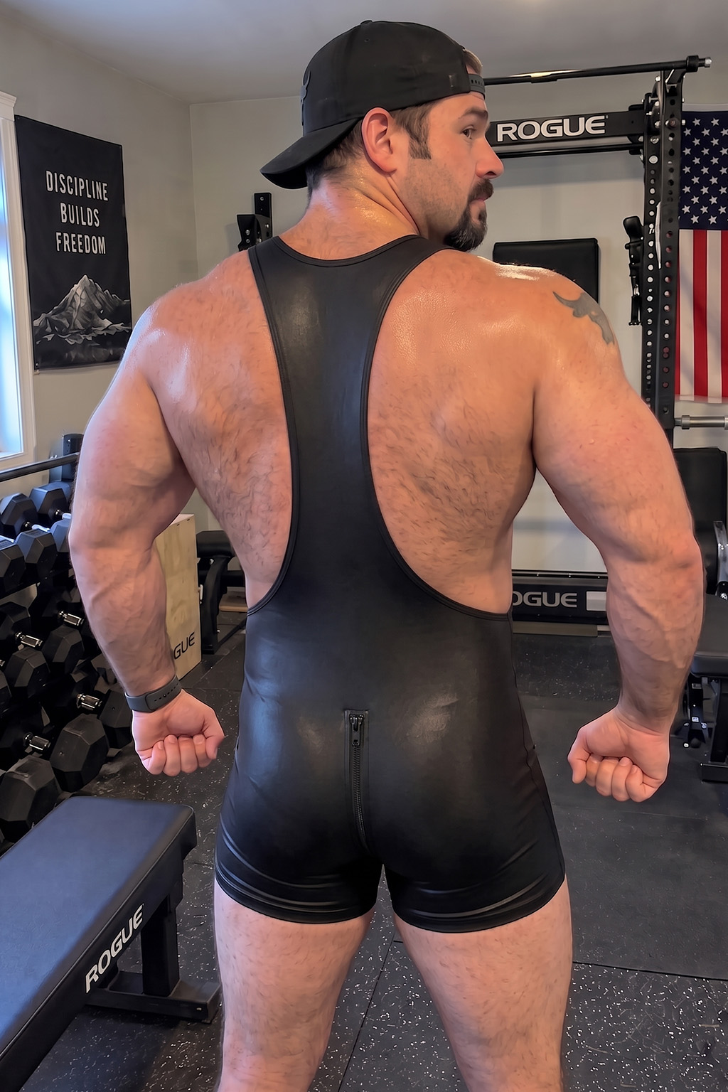 Mysteryglove Black PU Leather Open-Back Singlet Bodysuit, Full Front Zipper Design