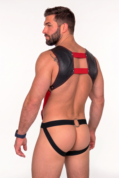 Mysteryglove Black & Red PU Leather Harness Jockstrap, Open Chest Design