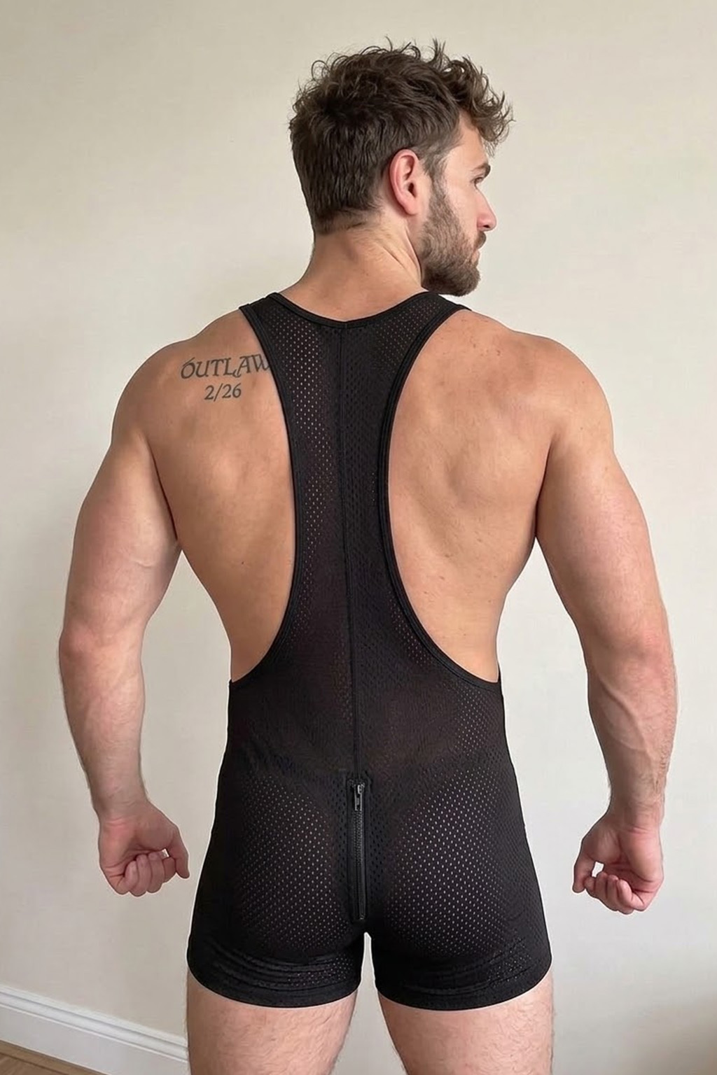 Mysteryglove Black Mesh Open Chest Bodysuit, Front Full-Length Zipper + Backless Design