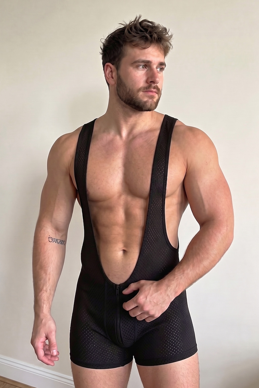 Mysteryglove Black Mesh Open Chest Bodysuit, Front Full-Length Zipper + Backless Design