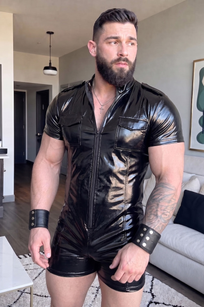 Mysteryglove Black Gloss PU Leather Short Sleeve Bodysuit, Front Zipper + Stand Collar + Chest Pocket Design