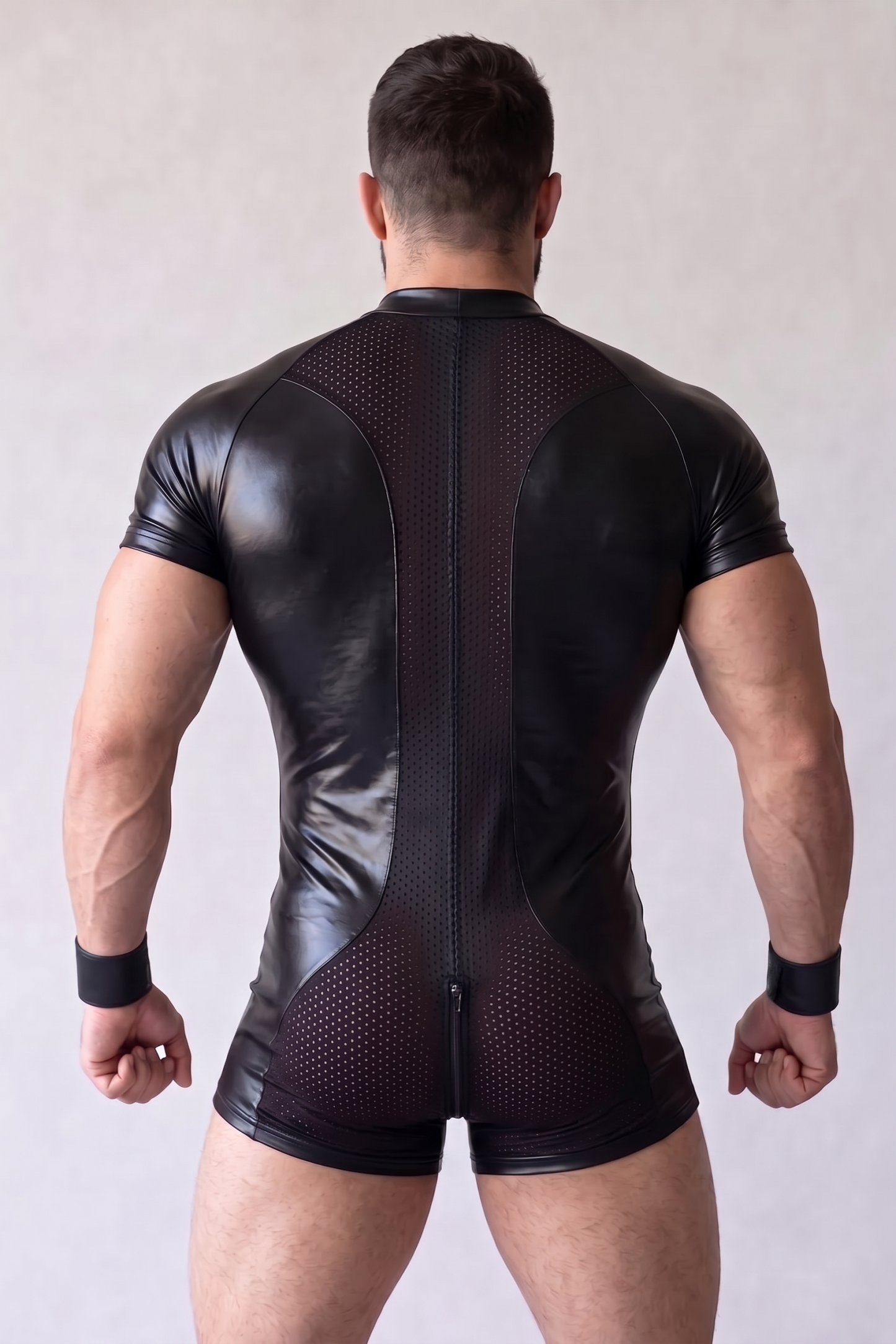 Mysteryglove Black Gloss PU Leather Short Sleeve Bodysuit, Front Full-Length Zipper + Mesh Panel Design