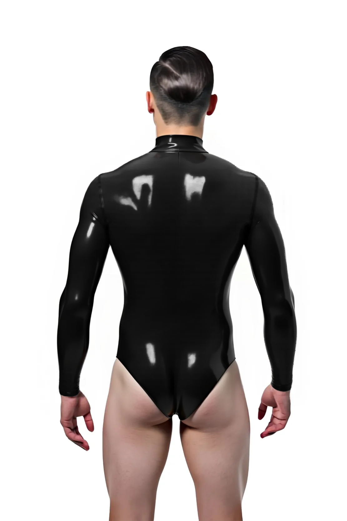 Mysteryglove Men's Glossy PU Leather Bodysuit – Long Sleeve High-Neck Design with Front Zip