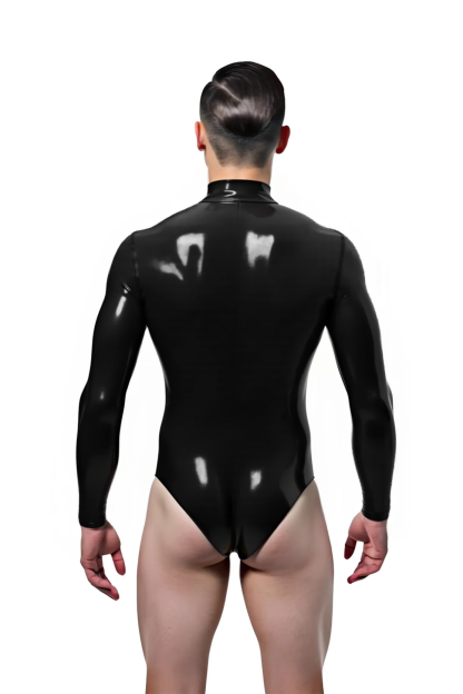 Mysteryglove Men's Glossy PU Leather Bodysuit – Long Sleeve High-Neck Design with Front Zip