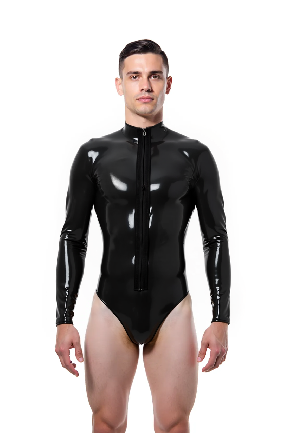 Mysteryglove Men's Glossy PU Leather Bodysuit – Long Sleeve High-Neck Design with Front Zip