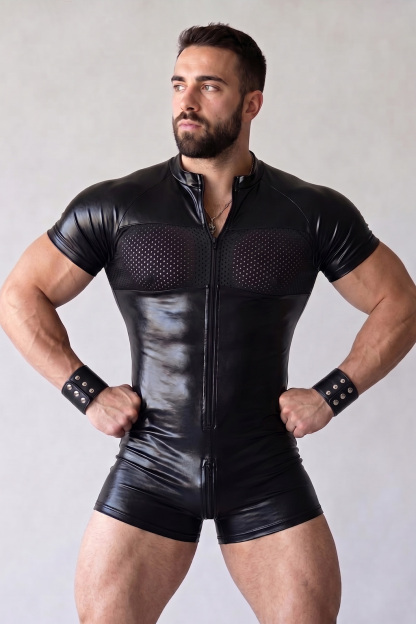Mysteryglove Black Gloss PU Leather Short Sleeve Bodysuit, Front Full-Length Zipper + Mesh Panel Design