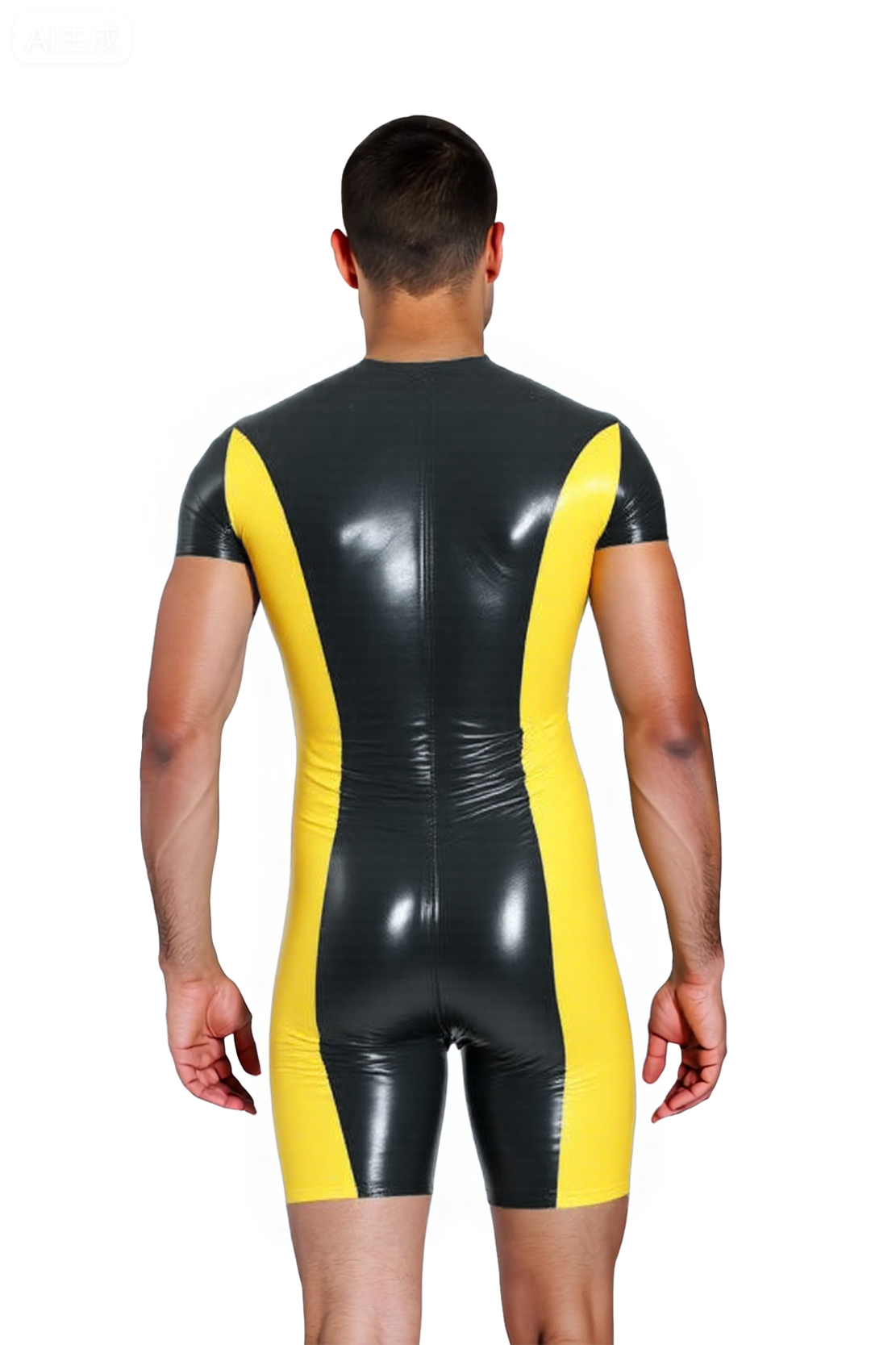 Mysteryglove Men’s PU Leather Short Sleeve Bodysuit – Black & Yellow Panel Design