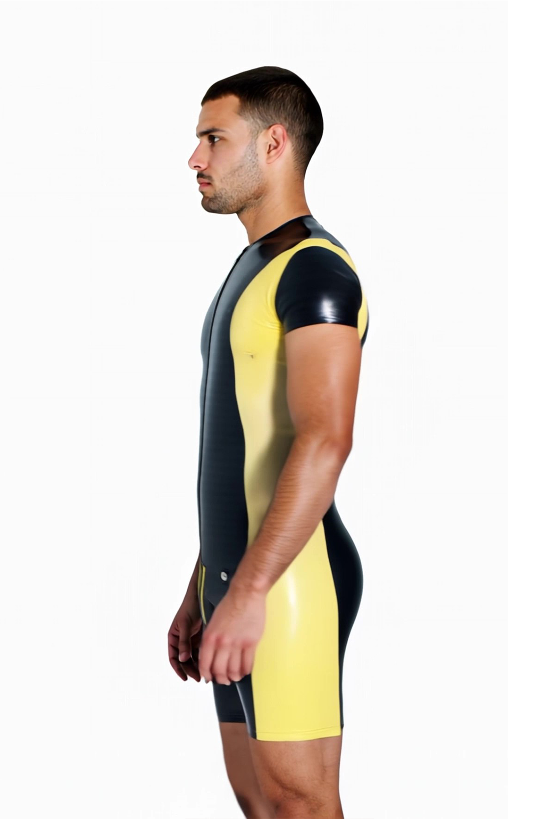 Mysteryglove Men’s PU Leather Short Sleeve Bodysuit – Black & Yellow Panel Design
