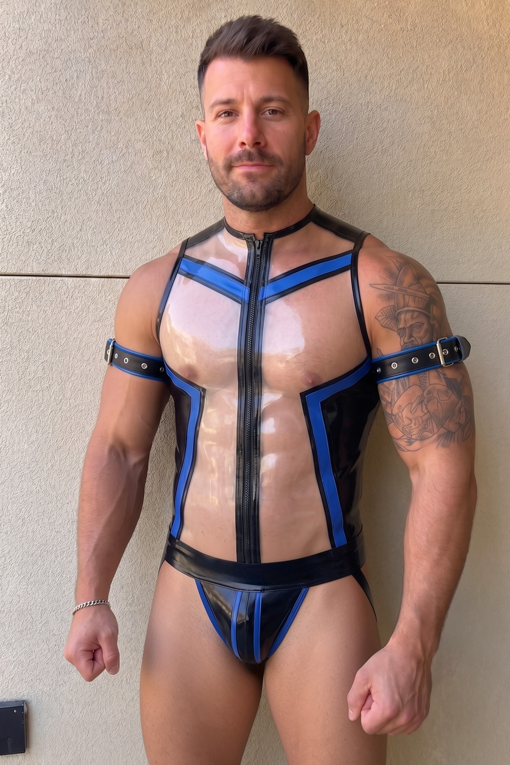 Mysteryglove Men's Black & Blue Gloss PVC Harness Vest & Brief Set with Front Zipper