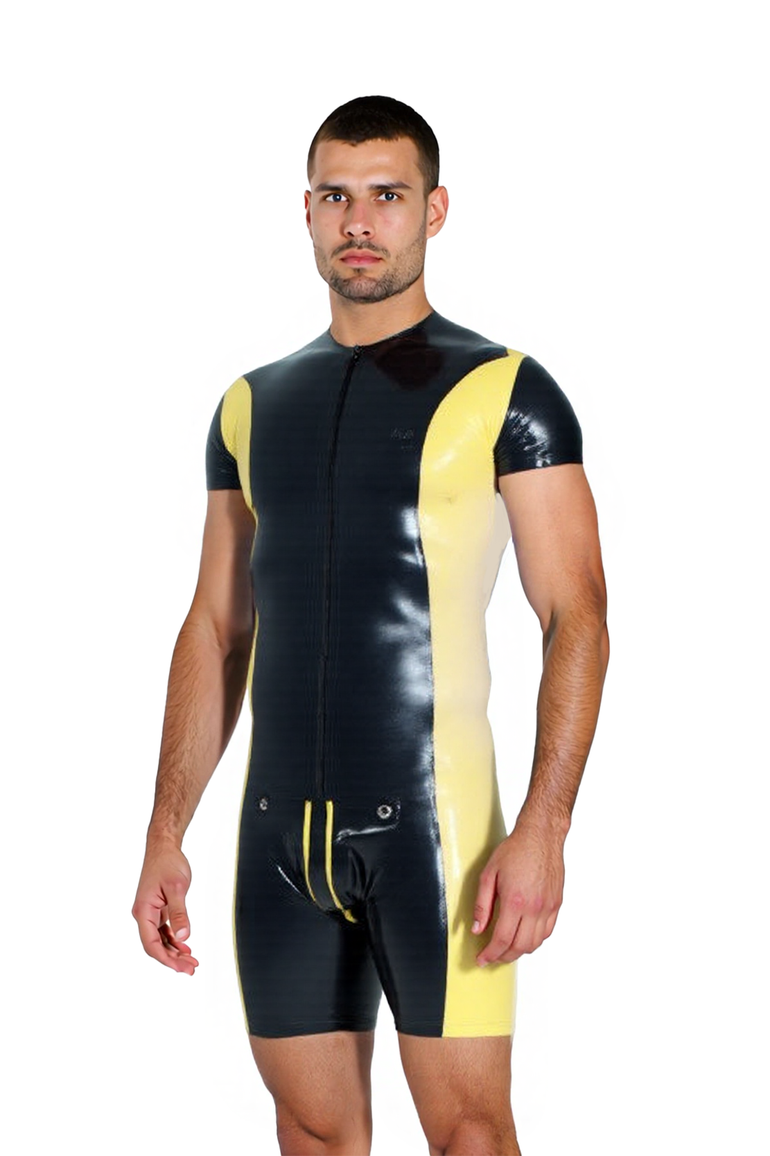 Mysteryglove Men’s PU Leather Short Sleeve Bodysuit – Black & Yellow Panel Design