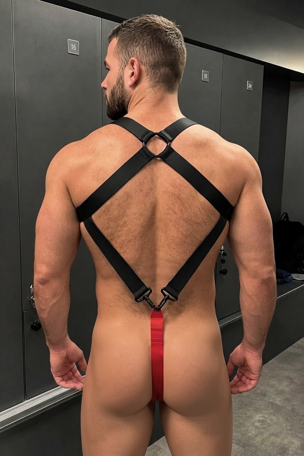 Mysteryglove Men's Leather Chest Harness & Red Open Back Jockstrap Set