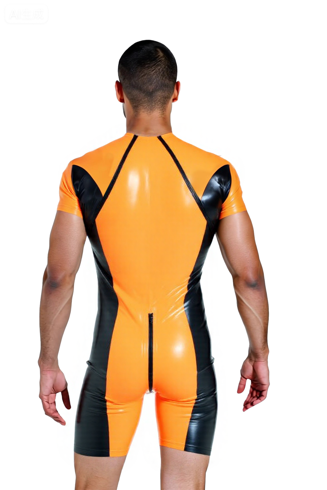Mysteryglove Men’s PU Leather Bodysuit – Orange & Black Contrast Short Sleeve Rompe