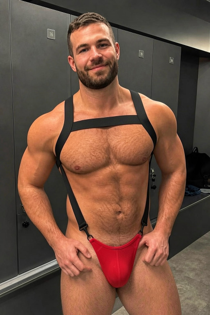 Mysteryglove Men's Leather Chest Harness & Red Open Back Jockstrap Set