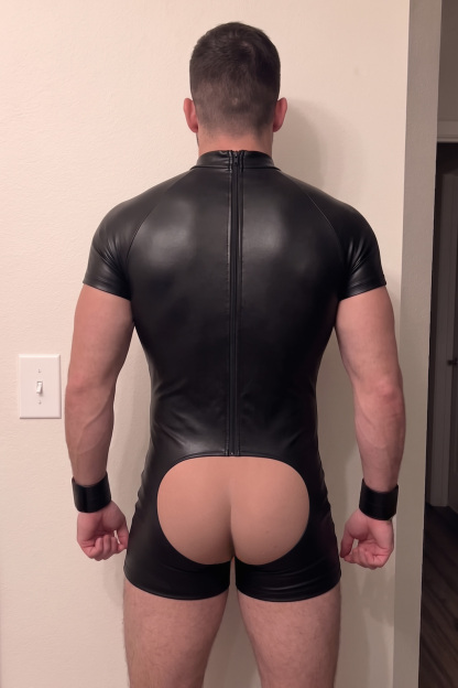 Mysteryglove Men's Black PU Leather Short Sleeve Bodysuit with Front Zipper & Open Back
