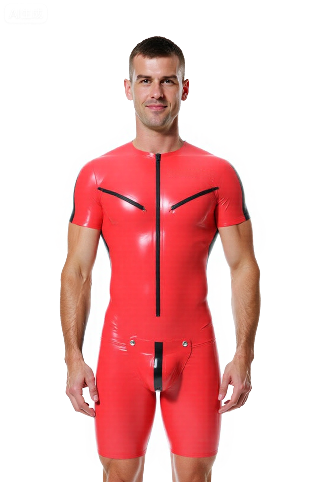 Mysteryglove Men’s PU Leather Bodysuit – Shiny Red with Black Zipper Detailing